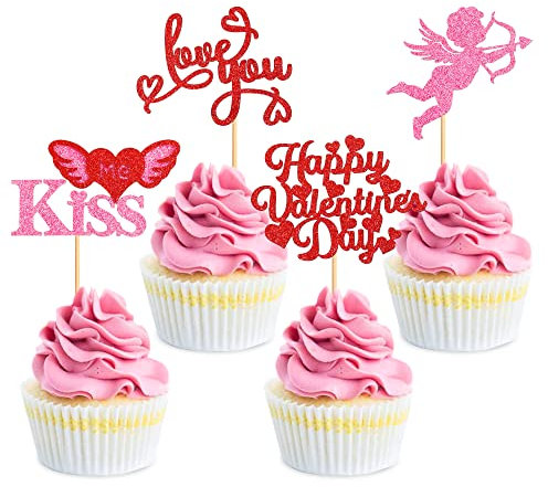Blumomon 24 Stück Glitzer Happy Valentine's Day Cupcake Topper Love Heart Amor Kuchen Dekorationen für süße Liebe Hochzeit Verlobung Valentinstag Brautdusche Party Kuchen Dekors Rot Rosa