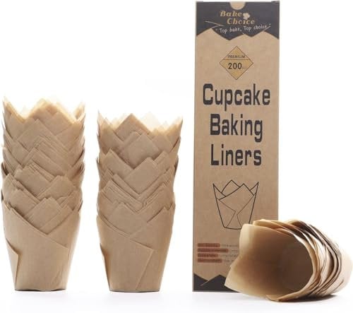 Bake Choice 200pcs Natural Tulip Muffin Cases for Baking, Unbleached European Parchment Paper Tulip Cupcake Cases, Cupcake Wrapper for Party, Christmas