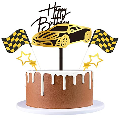 Weenkeey 5 Stück Rennwagen Cake Topper Tortendeko Acryl Auto Happy Birthday Kuchen Topper Racing Theme Kuchenaufsatz mit Stern Checkered Flaggen Cake Picksfür Jungen Geburtstags Party - Gold