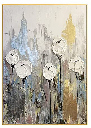 BOXIFA Hand Painted Gold Foil White Petal Floral Oil Painting, Handmade Knife Palette Flower Pictures On Canvas, Modern Abstract Wall Art,Decor For Living Room,Bathroom,40X60Inch(100X150Cm) No Fram