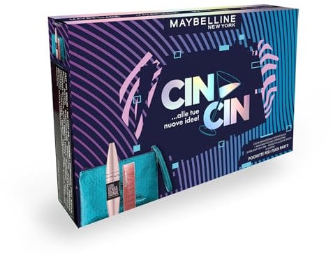 Maybelline New York Pochette Regalo con Mascara Volumizzante Ciglia Senzazionali, Intense Black, e Tinta Labbra a Lunga Tenuta SuperStay Vinyl Ink, Tonalità: 35 Cheeky
