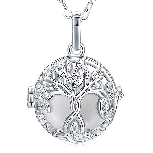 CELESTIA Bola Grossesse Argent Plaqué Collier Bola Grossesse Arbre de Vie Pendentif Médaillon avec Blanc Boule de Carillon e Longues Chaîne