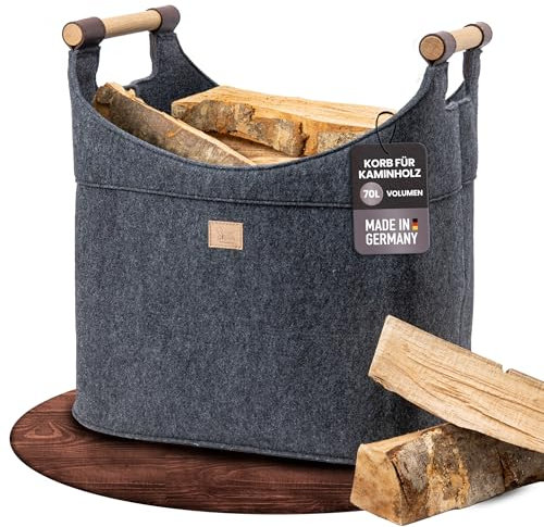 Cesta de madera de fieltro para leña grande [70 L] con asas de madera auténtica (roble), base ligera – Fabricado en Alemania – Cesta XXL – Cesta de leña estable de fieltro reciclado easy and green®