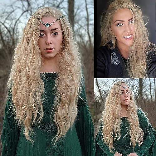 PORSMEER Blond Lace Front Perücke Lang Lockige Gewellte Perücke für Damen 13x4 Lace Front Glueless Wig natürlichem Haaransatz Hitzebeständiges Kunsthaar