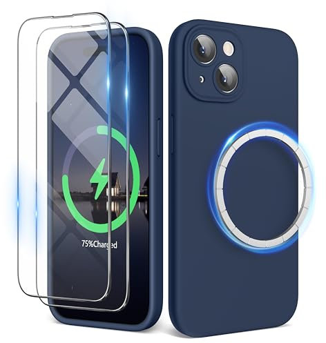 SURPHY Magnetic Case for iPhone 15 Case with Screen Protector, Liquid Silicone Anti-Scratch Compatible with MagSafe Gel Rubber Phone Case for iPhone 15 6.1 inch, Storm Blue