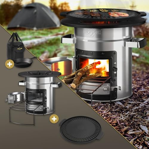 BBQ#BOSS Raketenofen mit Grillpfanne, Tragetasche, Silber, Edelstahl, + Gusseisen Grillplatte, Campingkocher Holz mit Brennholzständer, Doppeltür, Camping BBQ Holzofen, Outdoor, Dutch Oven Raketenherd