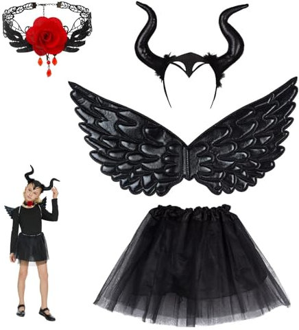 TKGEOUE Teufel Kostüm Mädchen, 4 Stück Königin Hörner Kostüm,Maleficent Karneval Kostüm Mädchen Hexenkostüm Kinder,Karneval Kostüm,für Halloween Karneval Fasching Cosplay Party.
