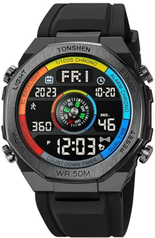 TONSHEN Herren Elektronik Kompass Outdoor Sport Uhren Digitaluhr Wasserdicht LED Multifunktional Schrittzähler Kalorien Double Zeit Alarm Militär Armbanduhr (Mehrfarbig)