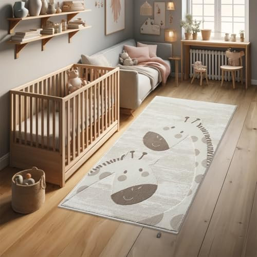 payé Teppich Kinderzimmer Läufer - 80x150cm - Pastell Beige Creme - Kurzflor Spielteppich mit niedlichen Giraffen Motiv