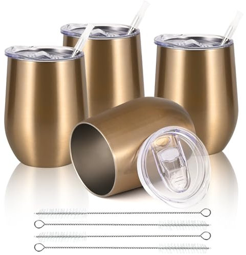 Joymaking Reusable Coffee Cup, Double Walled -Insulated Travel Mug Vacuum Stainless Steel Wine Tumbler with Spill Proof Lid, Great for Hot Cold Drinks Coffee Wine, 4 Piece Set 12 Oz Gold