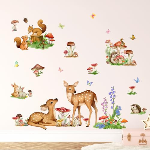 Tanlaby Animaux des Bois Sticker Muraux, Champignon Cerf Renard Lapin Stickers Mural Décorations Autocollants Muraux Auto-adhésives et Amovibles pour Salon Chambre à Coucher et la Chambre de Bébé