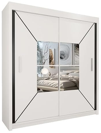 Style Heaven Modern Sliding Door Wardrobe for Bedroom,Matt Finish,2 Mirrored Sliding Doors wardrobes 10 Adjustable Shelves & 4Hanging Rail,made of MDF Chipboard,aluminium Handles Nicole(203 cm White)