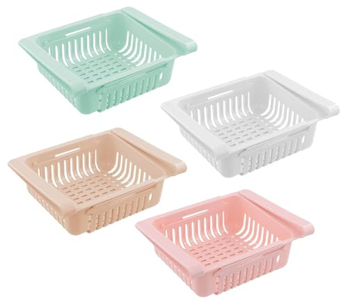 Hsthe Sea 4er-Set Kühlschrank-Organizer-Regal-Set mit ausziehbaren Schubladen, Kühlschrank-Aufbewahrungs-Organizer, Kühlschrank-Organizer-Regal-Einsätze (Blau, Weiß, Rosa, Beige)