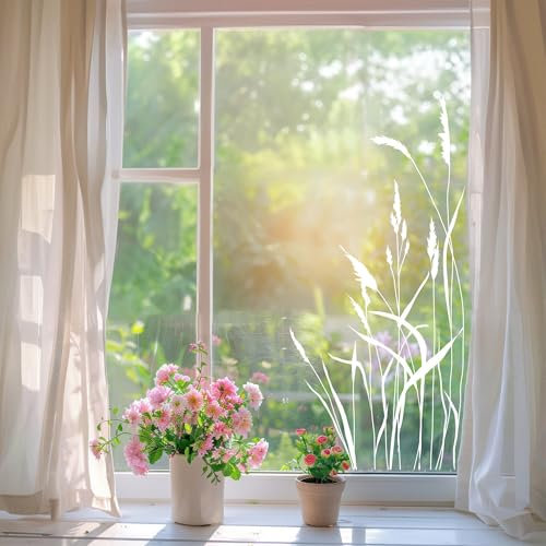 Wandtattoo Loft Fensterbild weißes Schilf Zweige Gräser Rahmen wiederverwendbar natur Fensteraufkleber Fensterdekoration Frühling Terrassentür, A3 Bogen