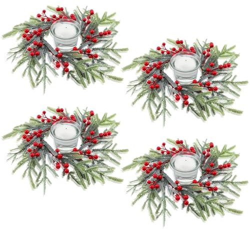 KAHEIGN 8Pcs Weihnachtskerzen Ringe, 21CM Künstlicher Roten Beeren Kränze Weihnachtskerzenringe Verschneiten Tannennadeln Kerzenhalter für Rustikal Hochzeit Weihnachten Tisch Dekoration