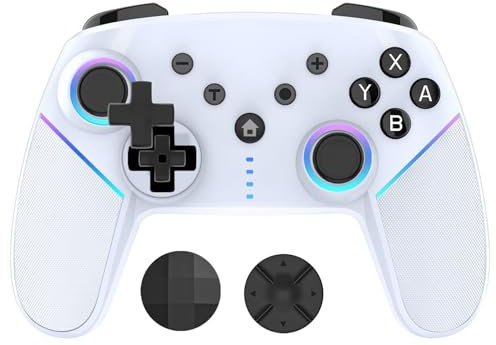 KEWYA Switch Controller für Switch Spiele, MACRO & Turbo Programmierfunktion, Motor Vibration, RGB Licht, Wireless Gamepad Joypad mit 6 Gyro Achse Kompatibel mit Switch/Switch Pro/Lite/PC - Weiß