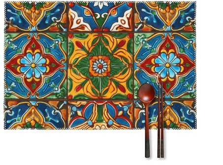 Placemats Set of 4 Heat Resistant Placemats for Dining Table Washable Placemats Mexican Ceramic Tile Table Mats Non-Slip Woven Placemats for Kitchen Wedding Party Decoration 12 X 18 Inch