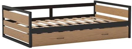Vente-unique - Ausziehbett 120 x 200 und 90 x 200 cm â MDF, Kiefer und Metall â Natur und Anthrazit â Boston â Kinderbett