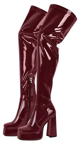 VERISSON Stivale da donna sopra il ginocchio con tacco a blocco, bordeaux, 39 EU