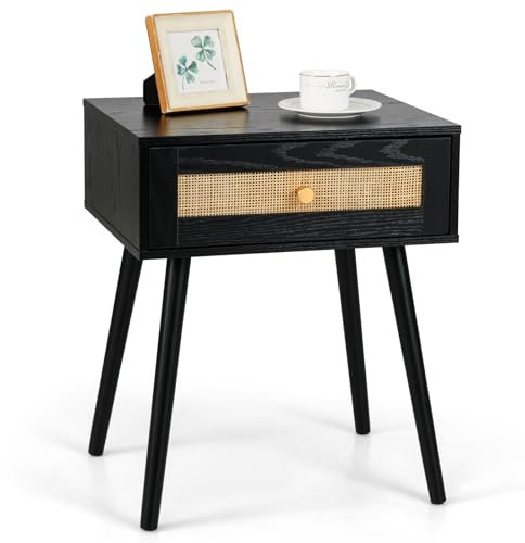 COSTWAY Nachttisch Rattan, Nachtschrank mit Schublade und Massivholzbeine, Beistelltisch, Sofatisch, Nachtkonsole im Boho-Sti für Schlafzimmer, Wohnzimmer, 48 x 40 x 58 cm