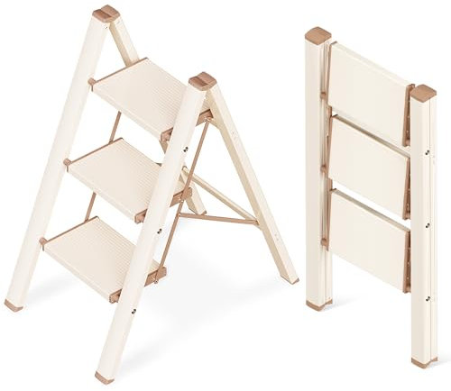 GameGem Escalera de 3 Peldaños, Taburete Plegable con Plataforma Ancha Antideslizante de Aluminio Ligero Pero Resistente, Carga Máxima 150 kg, Diseño Moderno para Espacios Domésticos Interiores