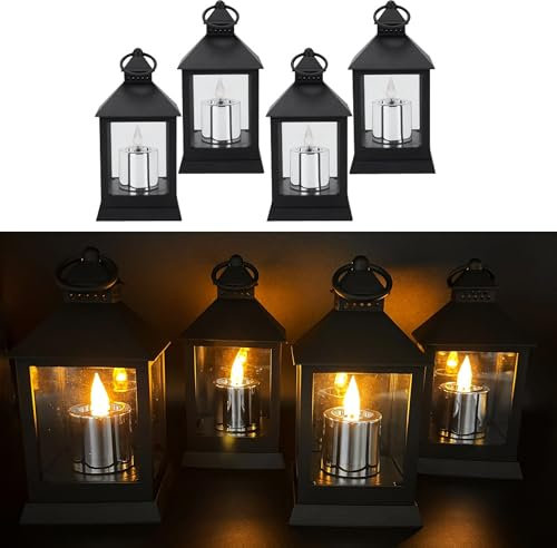 4er Set Laternen mit LED Kerzen und 6-Stunden Timer - Outdoor, für draußen geeignet - Deko Stimmungslicht (Schwarz/Silber)