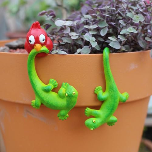 2 Stück Garten Eidechse Figuren Deko Frühling Statue, Gartendeko Ornament für Draußen Wetterfest, Harz Gartenfiguren Frühling Deko, Frühlingsdeko Kantenhocker Tiere für Blumentopf Garten Decor (E)