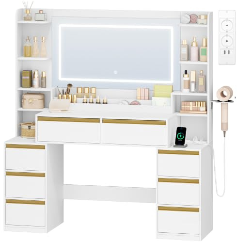 HEXCELEN 135cm Schminktisch mit Großer Spiegel, Weiß-Gold | Frisiertisch und Haartrocknerhalter, 8 Schubladen, Offenen Fächern, 135 × 40 × 145,2 cm