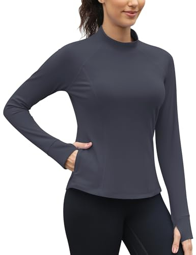 IECCP Women's Fleece Thermal Shirt Long Sleeve Pullover Running Workout Active Layering Tops with Thumb Holes and Pockets Gray S