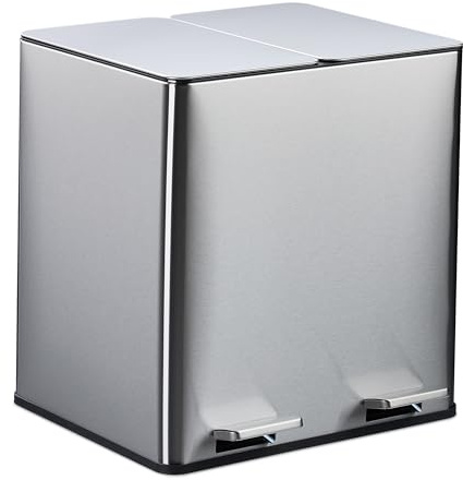 Relaxdays Kitchen Pedal Bin, 2x 15 Litres, Dustbin with Odour Filter, Waste Separation, Soft-Close Lid, Rubbish, Silver, Plastic, Stainless steel, 42 x 40 x 36.5 cm