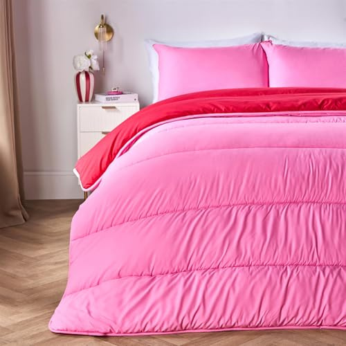 OHS 10.5 Tog Double Duvet, Reversible Coverless Duvet Soft Warm Microfibre Washable Comfortable for All Season Quilt Double Bed Duvets with 2 Pillowcases, Hot Pink/Red