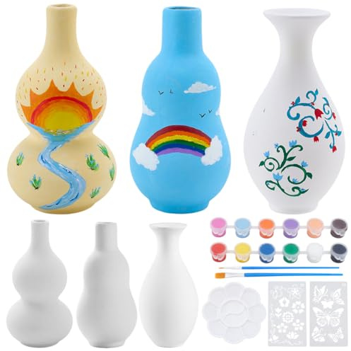 WEBEEDY 3 Sets Ceramic Vases Painting Kit for Adults Beginner Gourd Shaped White Ceramic Pottery Vase with Butterfly Flower Stencils,Paint,Brushes,Palettes Paint Your Own Vase for Party Home Decor