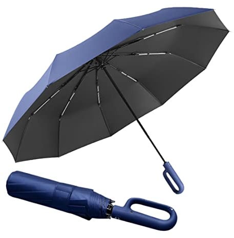 Travel Folding Golf Umbrella 10 Ribs Automatic Open/Close,Lightweight Compact Portable Backpack Car Parasol Outdoor,Sun/Rain,Anti 99 UV Protection UPF 50,Men Women Carabiner Handle Design