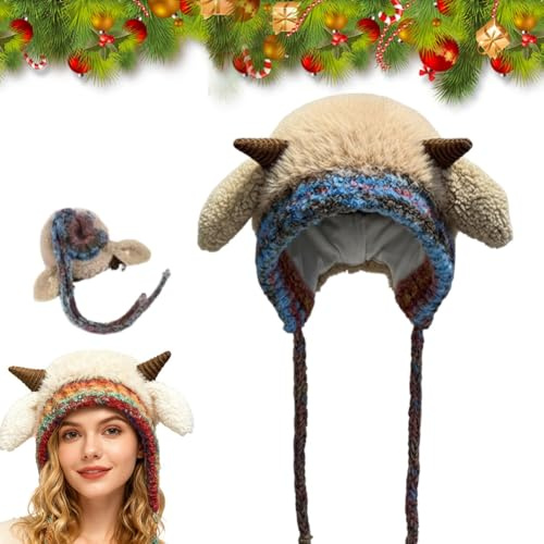 Qixfyze Festliche Weihnachtsmütze mit Geweih, Winddichte, Faltbare Rentiergeweihmütze und Handtasche(Sheep-Khaki)