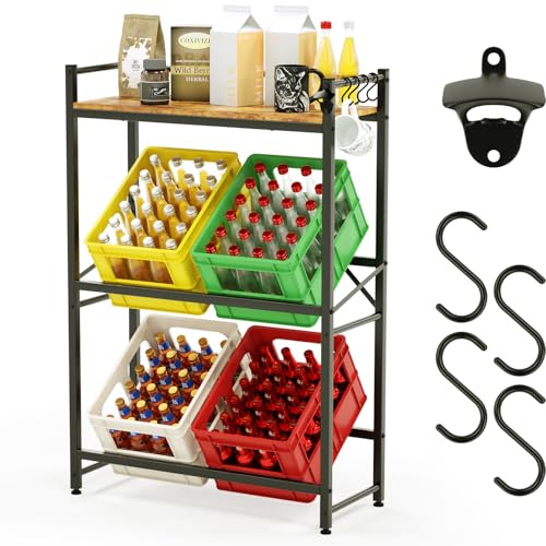 COXIVIZE Drinks Crate Rack with Shelf for 6 Crates, 32D x 79W x 118H cm Shelves for Drinks Crates, Freestanding Crate Stand, Drink Shelf, Water Crate Rack, Beer Crate Rack, Rustic Brown
