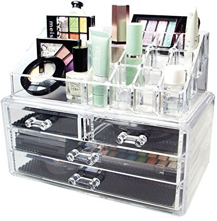 Taylor & Brown Clear Acrylic Makeup Organiser Storage Stand for Cosmetics, Nail Polish, Varnish, Stationary, Arts and Crafts, Makeup Brush Set Holder, Jewellery - 20 Sections with 4 Drawers