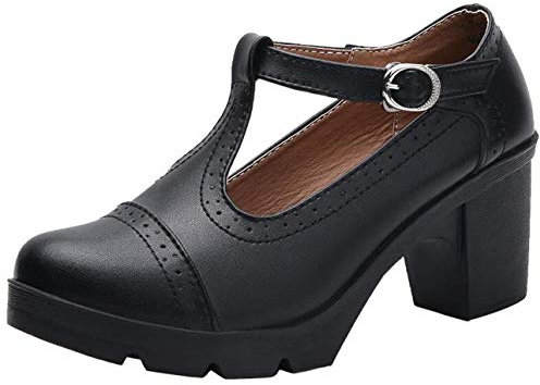 PPXID Women's T-Strap Mary Jane Pumps Dress Oxfords Mid Block Heel Platform Court Shoes Black 3 UK