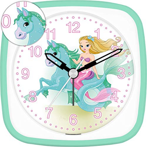 Eurotime Wecker für Mädchen mit Meerjungfrau Pferd, Mint Weiß, Kinderwecker, Kunststoffgehäuse und Kunststoffglas, geräuscharmer Wecker, kein Ticken, mit Licht und Weckwiederholung, 27036-04