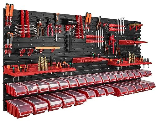 Estantería de pared de 178 x 78 cm, 30 cajas de almacenamiento con tapa transparente, cajas apilables, soporte de herramientas para taller, banco de trabajo