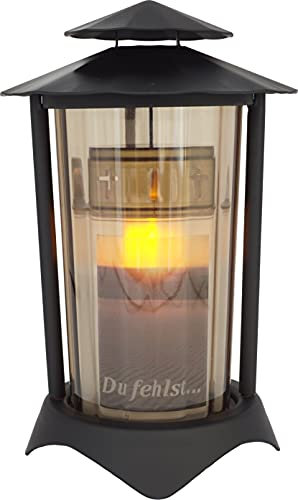 Lanterna tombale, in metallo, rotonda, con candela a LED da 21 cm (lanterna nera; vetro: bronzo)