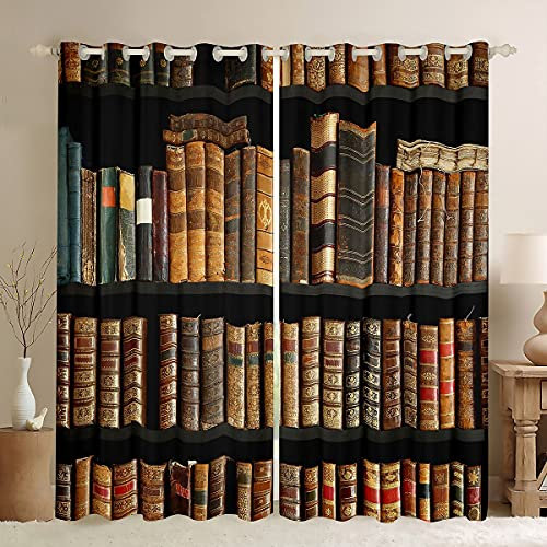 Tende per finestre a tema biblioteca libri antichi per camera da letto, soggiorno, per bambini, ragazzi, adolescenti, scaffale retrò in legno, tende per finestre stile vintage museo, 167,6 x 182,8 cm