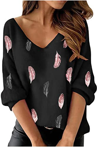 Masrin Trendige Oberteile Damen Lässiger Pullover mit Federdruck Tunika Tops mit V Ausschnitt und Langen Ärmeln Frühlings Fall Leicht Langarmshirts Lockere Bequeme Bluse