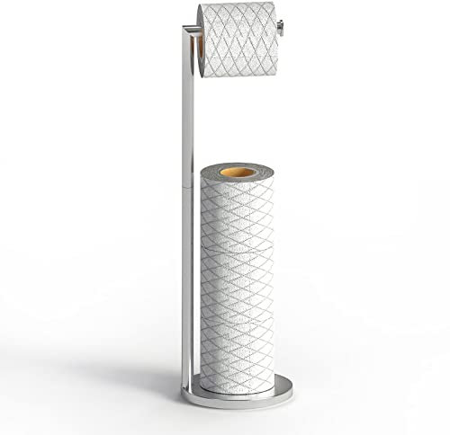 Top-spring Toilet Roll Holder Free Standing Toilet Paper Holder Stand with Reserve, Stainless Steel Anti Rust Freestanding Toilet Tissue Roll Dispenser Holds 3-4 Paper Rolls, Bathroom Storage (Chrome)