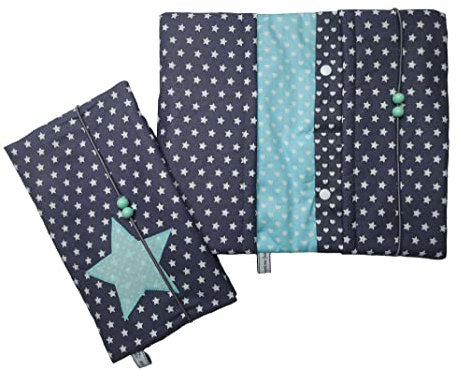 Wickeltasche Windeltasche Sterne dunkelgrau mit Sternapplikation hellmint Handmade (große Sterne) (Sterne 10mm)