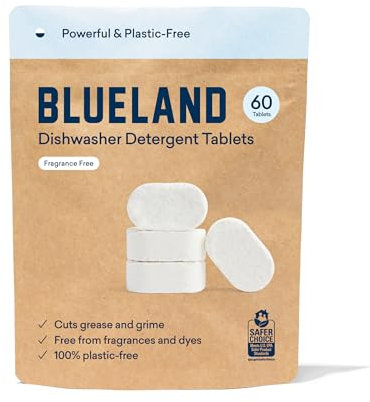BLUELAND 100% Plastic-Free Dishwasher Detergent Tablets, 60 Count, Unscented Eco Friendly Dishwashing Pods, Natural, Sustainable
