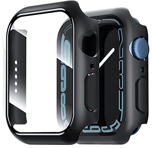 NEW'C 2 Pack Funda + Protector de Pantalla para Apple Watch Series 8/7 41mm - Funda con protección de Vidrio Templado incorporada para Apple Watch 41mm Serie 8/7 - Negro
