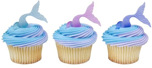 DECOPAC Mermaid Tail Wrap Cupcake Rings, Cake Toppers, Multicolored Food Safe Decorations For Parties– 24 Pack