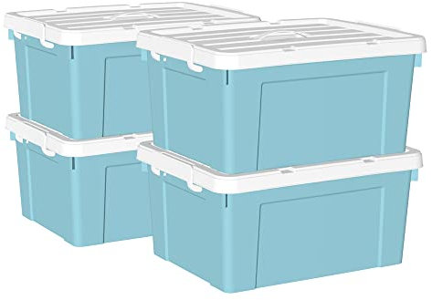 Cetomo 45L*4 Storage Boxes, Carry Plastic Storage Box with Lids, Organizing Container with Handle and Secure Latching Buckles, Stackable, Nestable, Tote Bin for Home Office Clothes, 45L-4Pack, Blue
