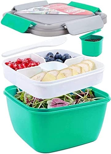 Greentainer Lunchbox, Bento Box Lunch-Behälter Salatbehälter Bento für Mittagessen,1500 ml, 3 Fächer mit 1 Gabel, auslaufsicher, mikrowellenfest Dunkel (Grün)