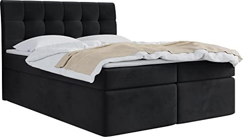 WFL GROUP Boxspringbett mit Bettkasten 120x200 140x200 160x200 180x200 200x200 Doppelbett Gepolstert Bett Mit Matratze und Topper - Stauraumbett mit Kopfteil - Schwarz Samt - 180 x 200 cm